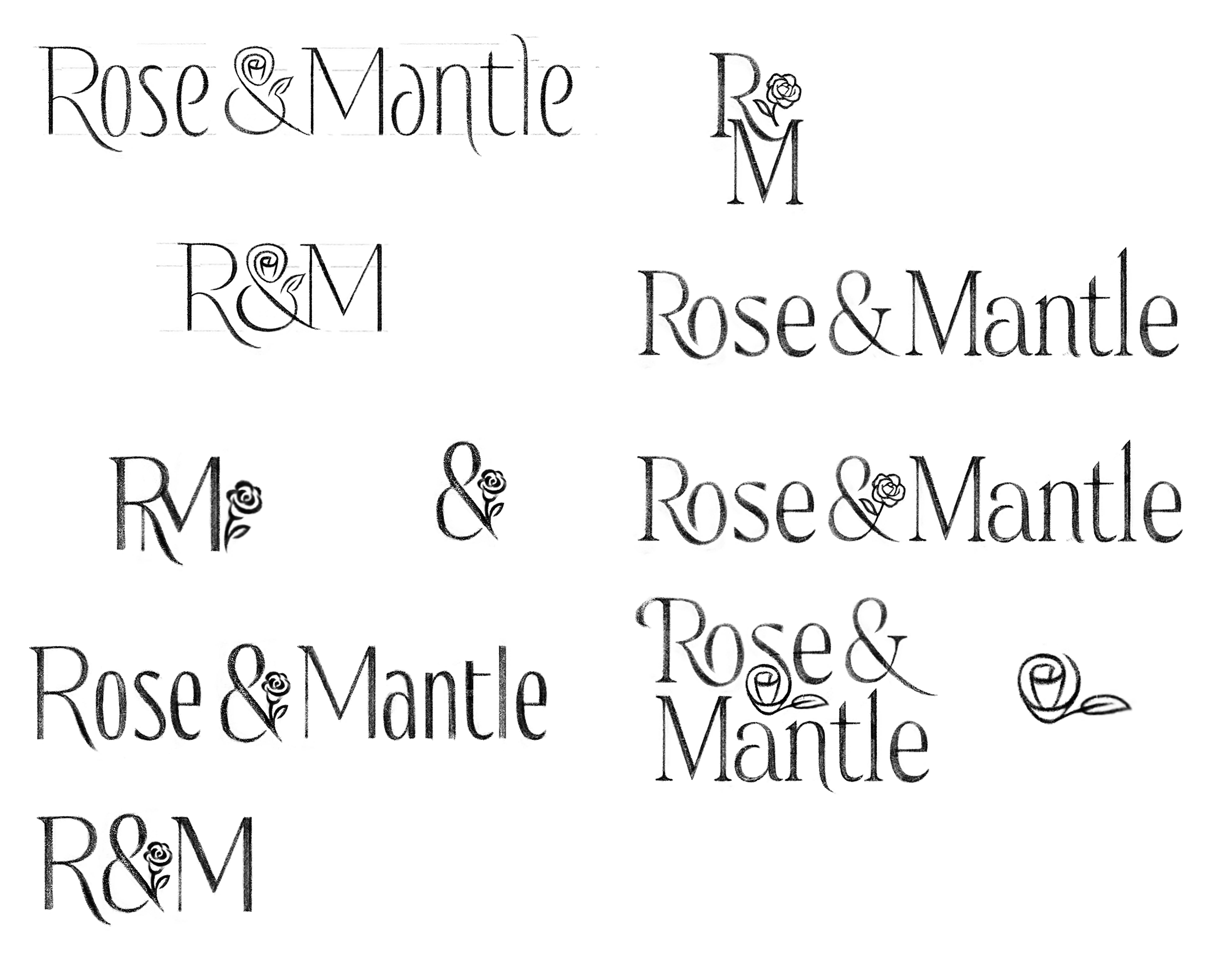 Pencil explorations for the Rose & Mantle wordmark, monogram, and rose ampersand