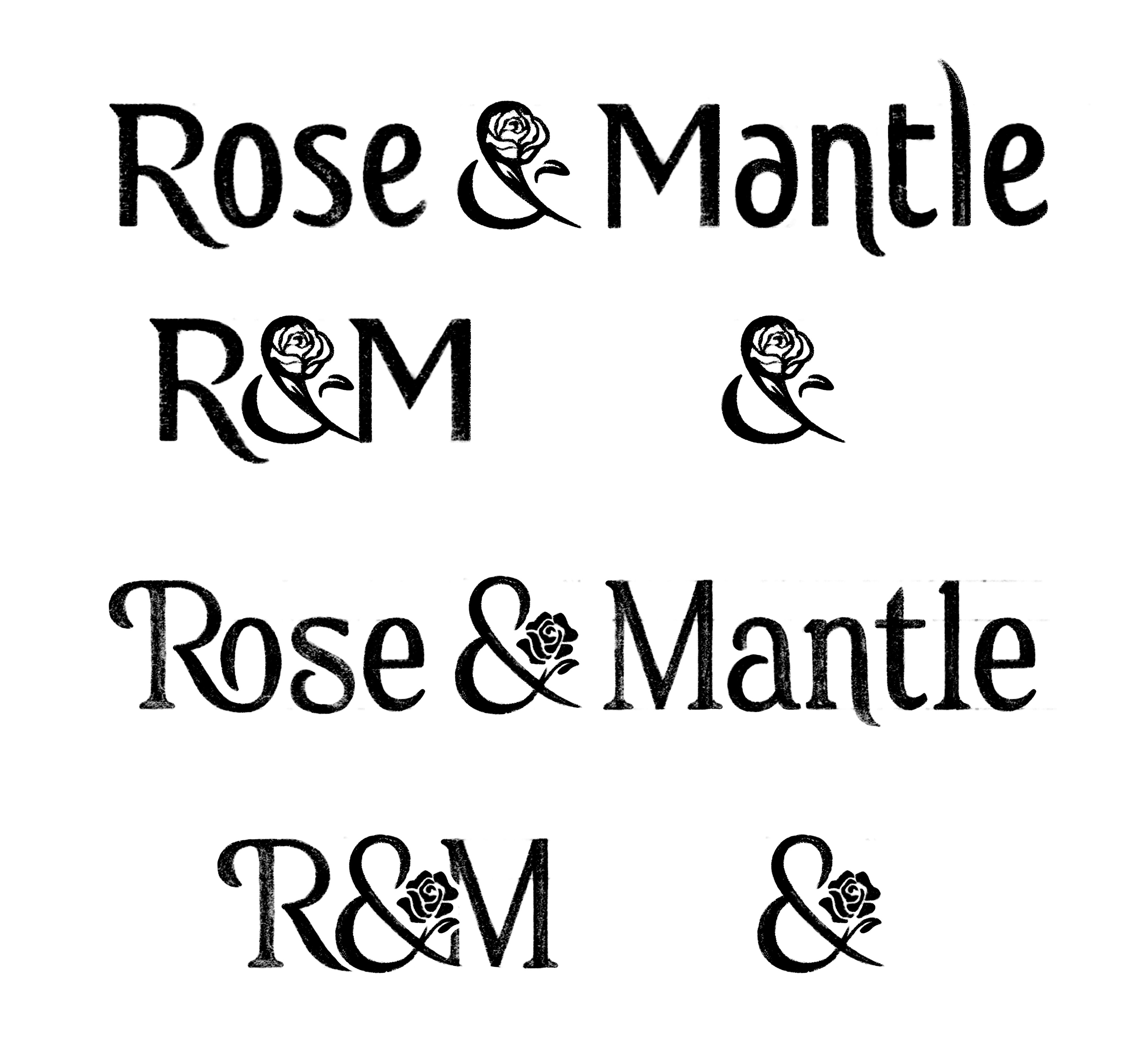 Ink explorations for the Rose & Mantle wordmark and rose ampersand